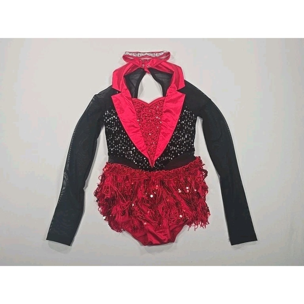 Weissman Red Black Sequin Long Sleeve Dance Costume Fringe Choker Sz LC